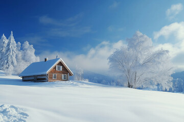 A small cabin is surrounded by snow and trees