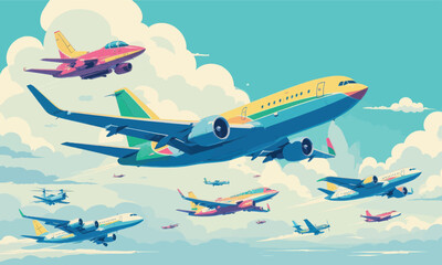 Airplanes Flying in a Blue Sky with Clouds 
