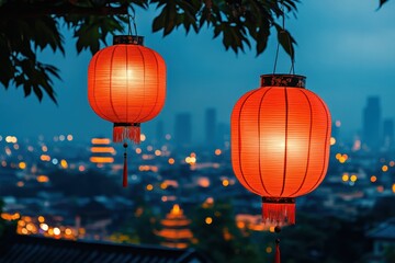 Obraz premium Red lanterns illuminating a cityscape at night, creating a vibrant cultural atmosphere.