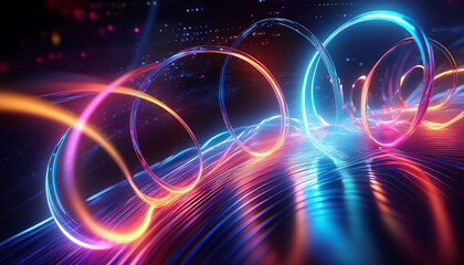Obraz premium Abstract visualization of information and data exchange with luminous fiber optic threads, data flow, digital code data streaming on a dark, reflected on the black mirror