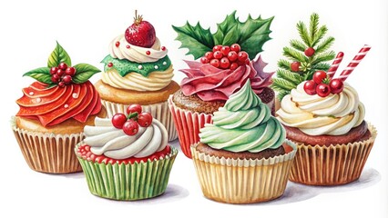 Watercolor Christmas Cupcakes and New Year Desserts Collection - Festive Treats Isolated on White Background for Holiday Celebrations and Seasonal Baking Inspiration