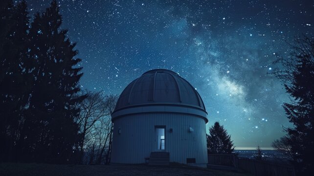Starry night sky over observatory with milky way and telescope silhouette