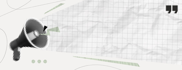 Trendy Halftone Collage Megaphone and torn paper with space for announcing promotion. Loudspeaker with message. Squared notebook sheet. Contemporary vector illustration art