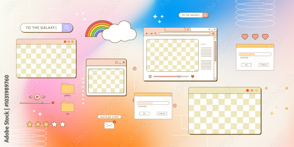 Wall mural aesthetic retro computer browser 90s vaporwave style with smile daisy flower. retrowave pc desktop w