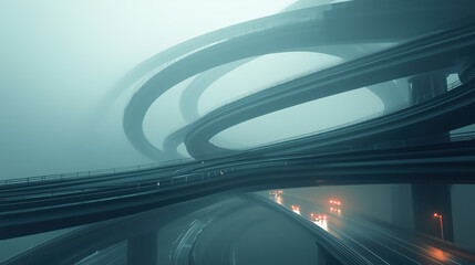 Breathtaking Perspective of an Intricate Highway Layout with Heavy Traffic, Spiraling Interchanges, and Smog Filling the Air
