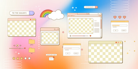 aesthetic retro computer browser 90s vaporwave style with smile daisy flower. Retrowave pc desktop with 404 error message boxes and popup user interface elements