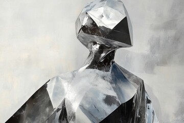 Futuristic minimalistic design featuring geometric silver form in abstract composition