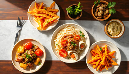 Overhead view of food served on table isolated with white highlights, png