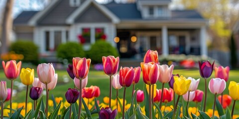 Colorful tulip garden in full bloom with a beautiful house during sunset in springtime