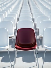 Obraz premium Single Red Chair Amidst Uniform Rows of White Seats in a Minimalist Setting