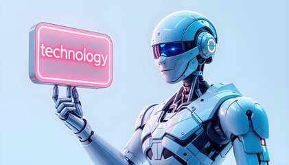 Robot holding a sign with the inscription technology. Innovation, information technology. Robot background