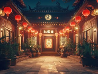 Fototapeta premium Traditional Chinese courtyard illuminated by red lanterns at night.
