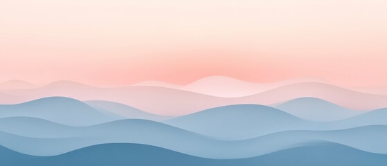 Undulating blue waves in the foreground transition to gentle pink mountains and clouds in the background. Generative AI gradient background. 