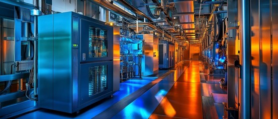 Modern data center interior with rows of server racks and complex infrastructure. The space is dramatically lit with contrasting blue and orange lights, creating a futuristic space. Generative AI