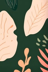 Obraz premium An abstract, minimalist design of organic shapes of stylized leaves and plant elements. The color palette consists of a deep green background with pale pink, beige, and coral shapes. Generative AI