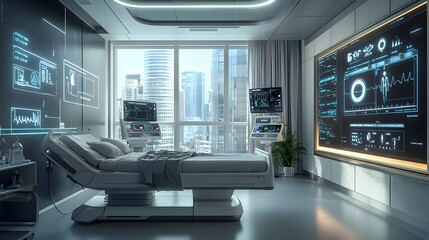 Futuristic Hospital Room with AI Powered Personalized Medicine Monitoring and Treatment