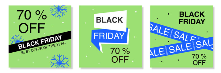 Set of Black Friday sale with abstract, geometric green background, and flat colorful illustration for banner, cover, booklet, flyer, signboard, social media, posters, promotion, advertisement.