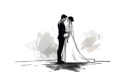 The bride and groom, wearing wedding gowns with long dresses flowing in the wind behind them, stand side by side on their crisp white wedding attire