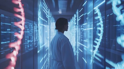 Futuristic Hospital Genetic Library with Holographic DNA Profiles for Personalized Treatment Development