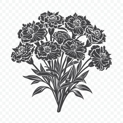 Elegant Floral Bunch with Carnation Silhouette Vector Illustration in Black and White Design