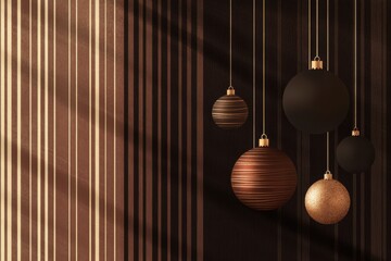 Minimalistic holiday decor with hanging ornaments on striped background for festive design