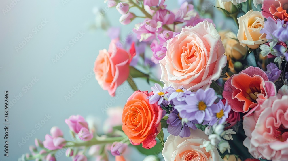 Canvas Prints A close-up of a bouquet of flowers, including pink, orange, and purple blooms. The image is soft and delicate, with a blurred background.