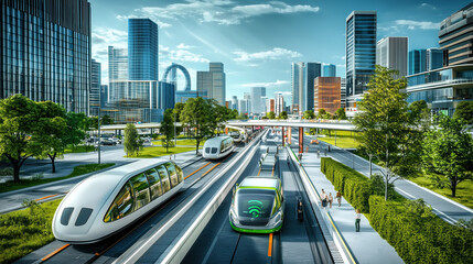 Fototapeta premium Futuristic City Transportation System with Advanced Artificial Intelligence Integrating Eco-Friendly Solutions for a Green Smart City in Hyper-Realistic Detail
