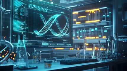 Futuristic Lab Showcasing Synthetic Biology Research and Custom Organism Design on Holographic Interfaces