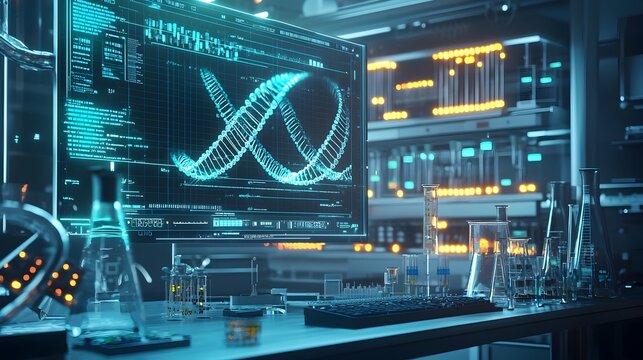 Futuristic Lab Showcasing Synthetic Biology Research and Custom Organism Design on Holographic Interfaces