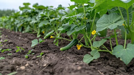 A closeup of a cucumber plant in a garden, with a green cucumber and yellow flowers. The plant is growing in rich, dark soil.