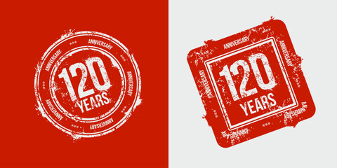 A group of 120th anniversary logos drawn as stamps, framed in red for the celebration. Grunge stamp texture. Holiday stamps. Collection of postage stamps. Vector round and rectangular stamps