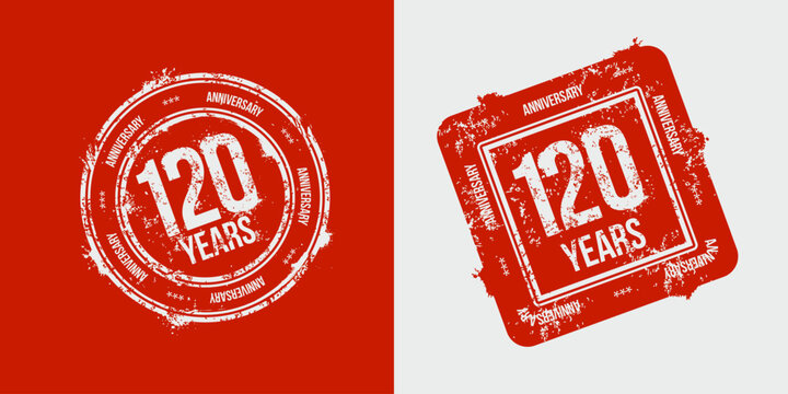 A group of 120th anniversary logos drawn as stamps, framed in red for the celebration. Grunge stamp texture. Holiday stamps. Collection of postage stamps. Vector round and rectangular stamps
