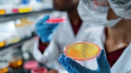 Microbiology research in laboratory setting with scientists analyzing bacterial cultures