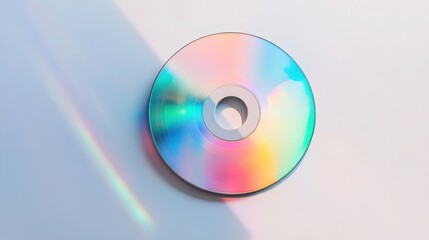  single CD disc on a white background, with rainbow-colored reflections shimmering across