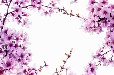 Fototapeta premium Delicate cherry blossoms frame a bright background in a spring garden