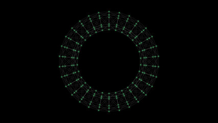 Abstract blue torus with blue dots and lines. 3D futuristic vector geometric wireframe shape. Technology network connection big data. Science background. Twist objects in dark cyberspace.