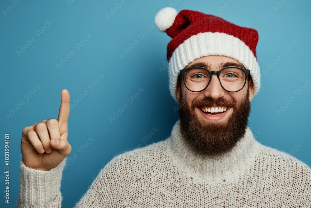 Wall mural happy man in christmas hat pointing to copy space on blue studio background, generative ai