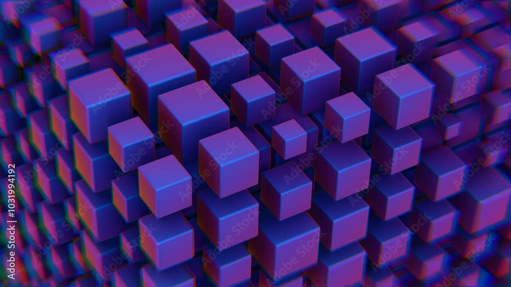 Poster abstract 3d cluster of gradient cubes with purple and blue neon hues