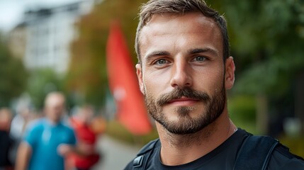 A man with a distinctive mustache enthusiastically participating in a charity walk event to show his support and raise awareness for the important cause of cancer research and treatment