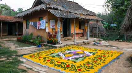 A traditional Indian house with an outdoor flower rangoli in the courtyard, symbolizing festivity and culture. Ideal for content focused on rural Indian lifestyle, festivals, or decor