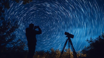 Photographer taking a time-lapse photo of stars in a dark night sky