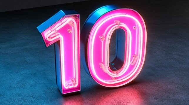 Neon Number 10, Pink And Blue Neon Light Glowing On Concrete Wall Background. 3D Rendering - Powered by Adobe
