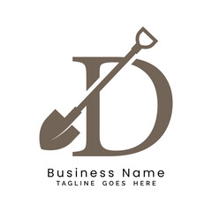 Letter D shovel logo design. Alphabet D construction icon