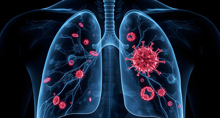 Holographic image of lungs. Pneumonia, viral infections, coronavirus or cancer. X-ray image. Concept of smoking cessation and World No Tobacco Day. World Lung Cancer and Pneumonia Day.