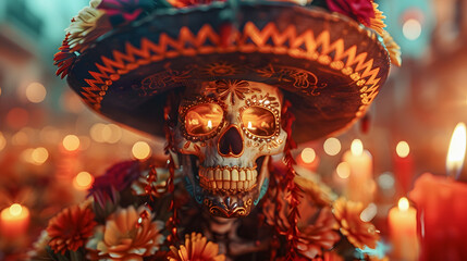 Portrait Skull with Sombrero and Candles