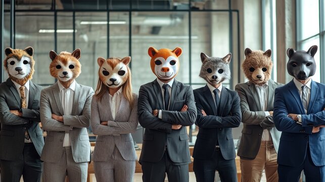 Business people in animal masks: A fun and quirky team photo featuring business professionals wearing different animal masks in the office