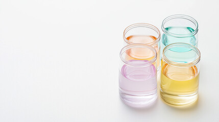 A serene arrangement of glass containers filled with colored liquids, showcasing pastel hues against a clean, minimalistic background.
