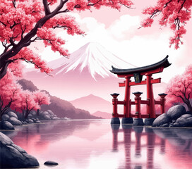 Naklejka premium Japanese Landscape with Torii Gate and Cherry Blossoms 