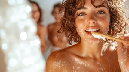 A joyful young woman with short hair brushes her teeth surrounded by soap bubbles, representing a playful and fresh start to her day in a bright bathroom. - Powered by Adobe