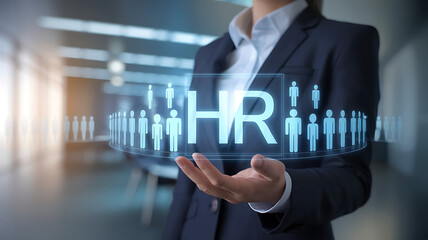 a business professional holding a glowing holographic representation of the word 'HR' in their hand. hiring, human resources, and holographic icons of diverse employees standing in a line.